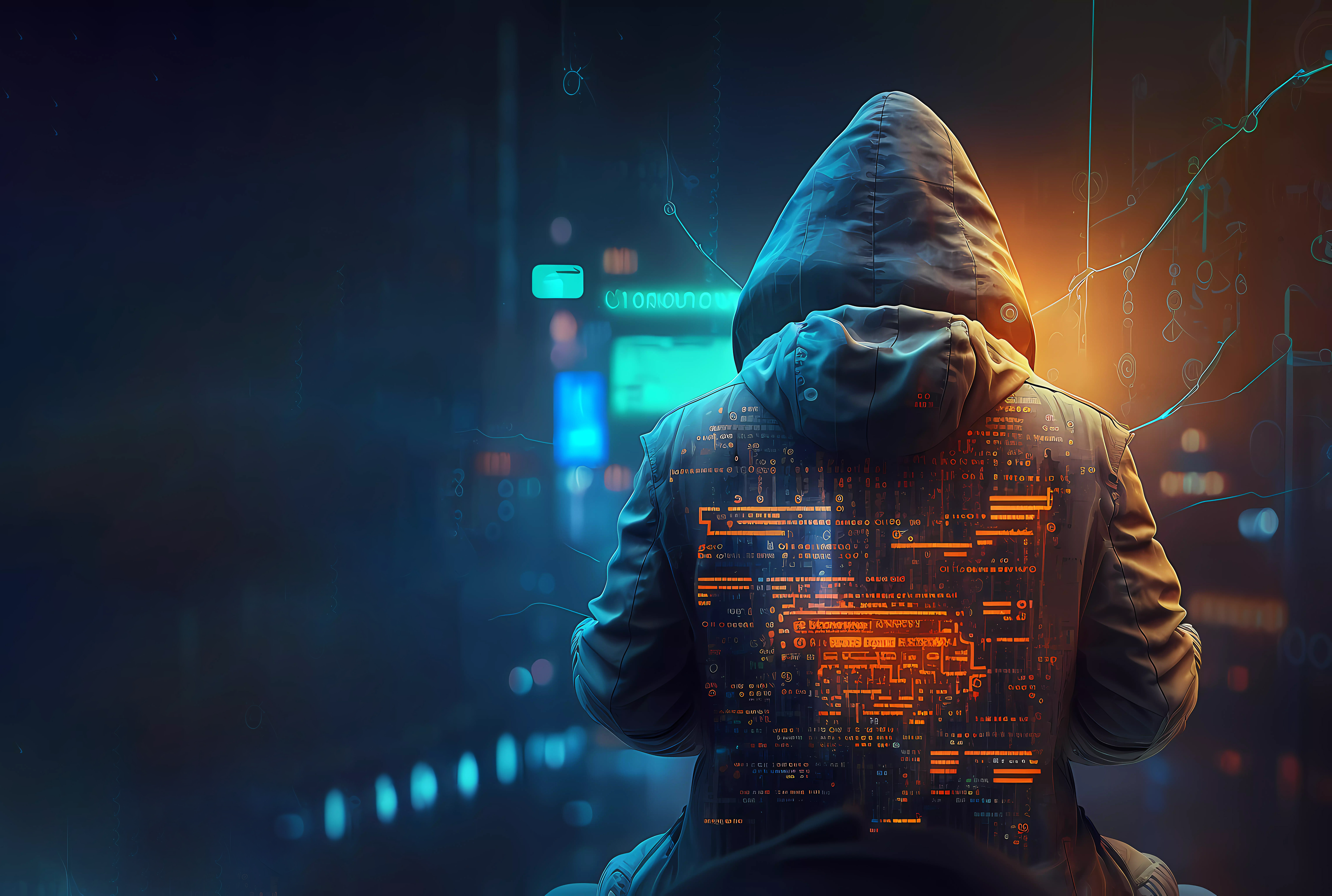 Cybersecurity, Hacker in hoodie on computer.